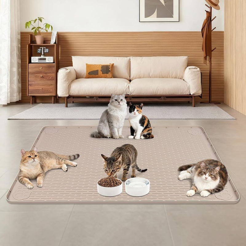 Lanstics Cat Food Mat, 40" x 28" Large Silicone Mat Cat Feeding Mat with Raised Edge Non-Slip Pet Feeding Mat for Food and Water Bowl, Easy to Clean, Floor Protection (Khaki) - Image 4